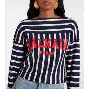 Balmain Women's Large Logo Striped Top Shirt Long Sleeve Cropped Relaxed